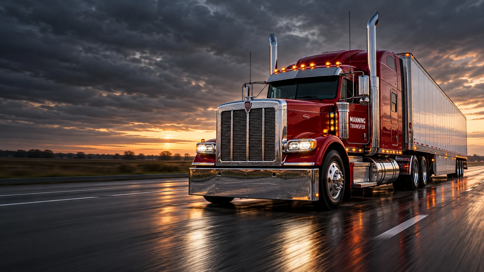 Cinematic artwork of a red Manning Transfer truck on a wet highway at dawn